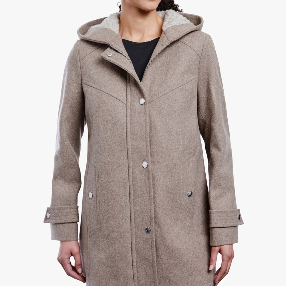London Fog ZIP-FRONT SHERPA LINED HOOD WOOL JACKET Size PXS